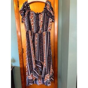 Justify High/Low Off The Shoulder Blue/Gold Dress Boho‎ Size 2X